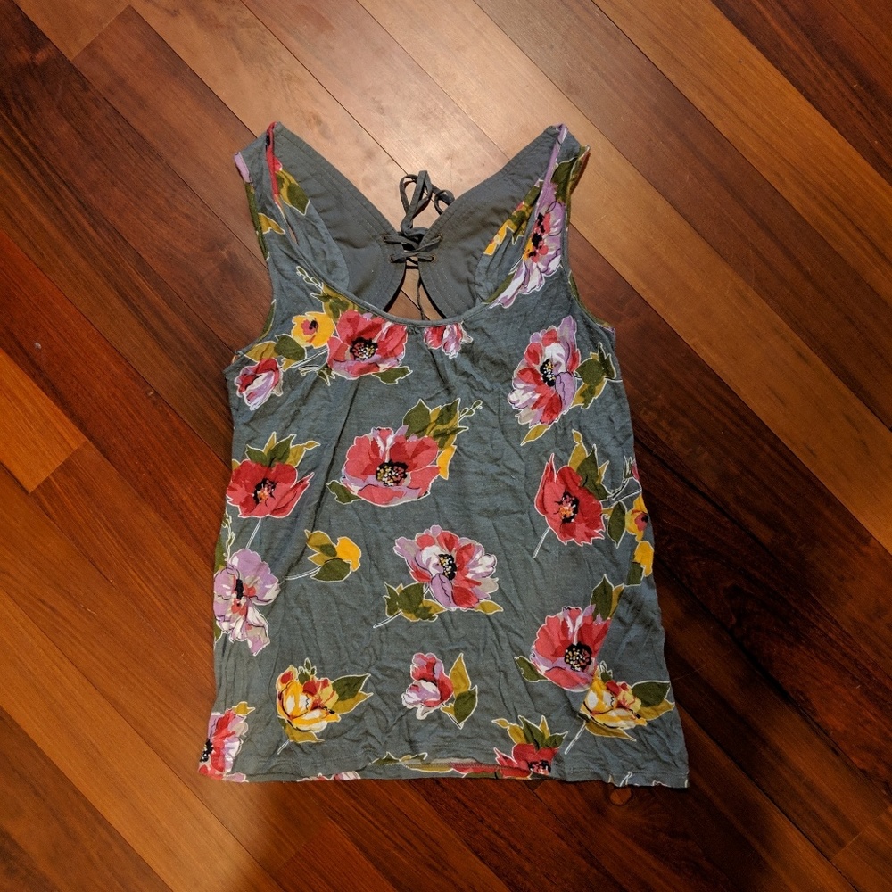 Gray floral lace up back tank